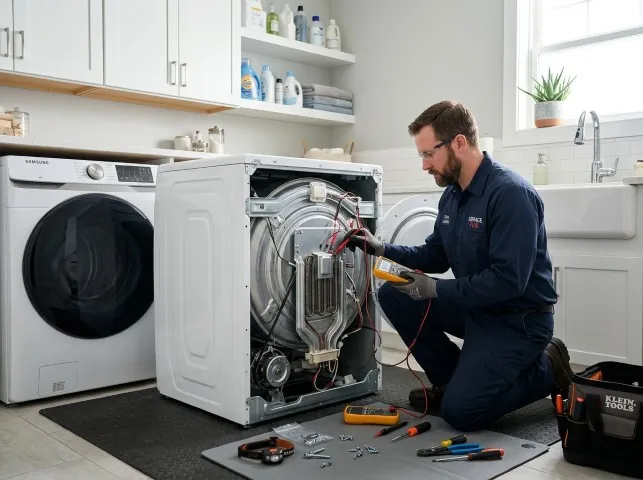 Appliance Repair Hero technician checking a dryer heating element with the rear panel off in Brooksville, MS